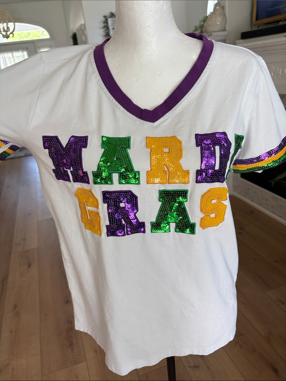White Mardi Gras Sequin V-Neck Tee
